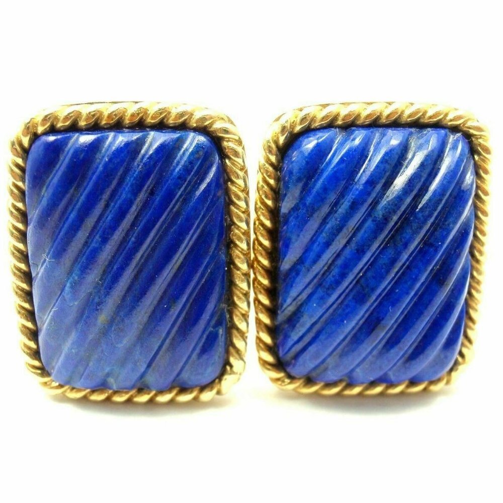 Tiffany & Co. 18k Yellow Gold Large Lapis Lazuli Rope Bordered Gold Cufflinks​ - Picture 5 of 6